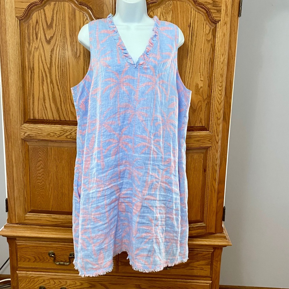 Tommy Bahama Linen Palm Print Shift Dress Women XL Blue Pink Ruffle Frayed Hem